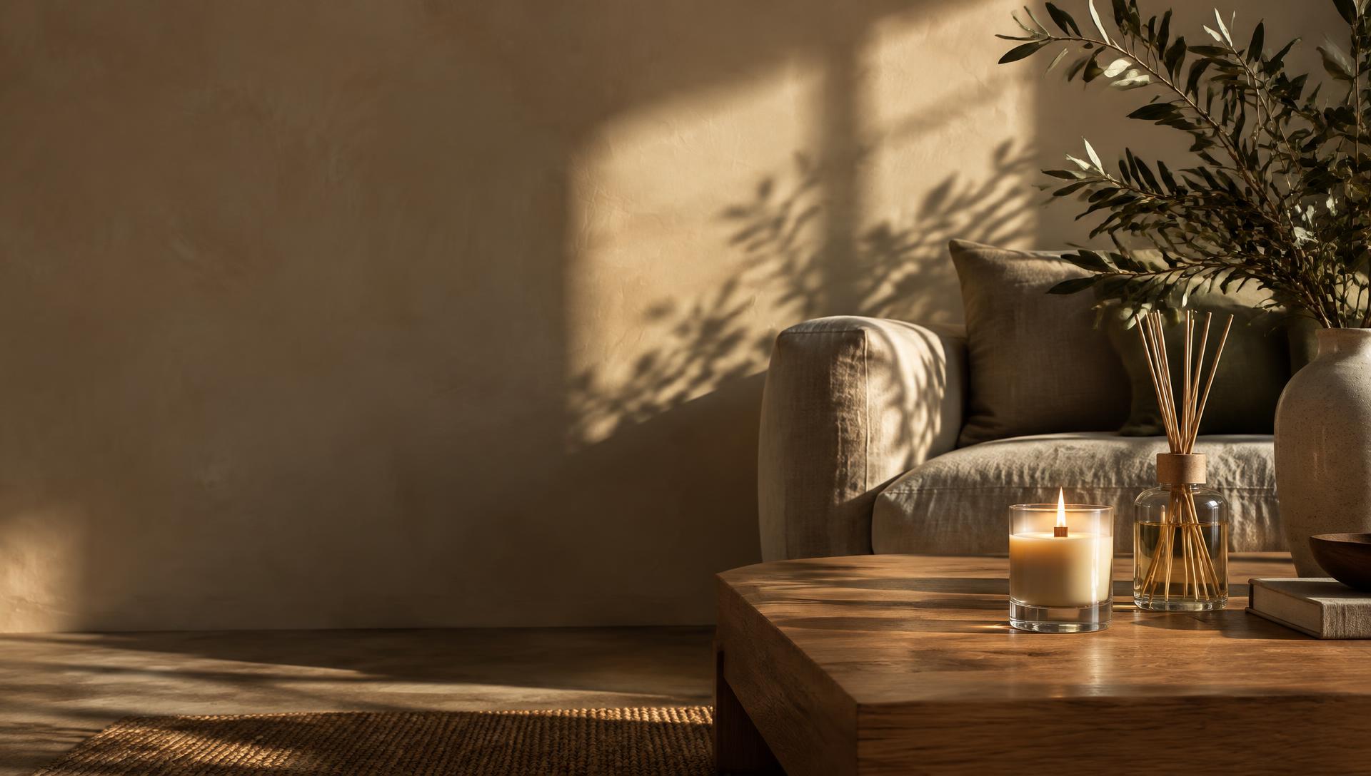A lit candle and reed diffuser on an oak table in warm afternoon light