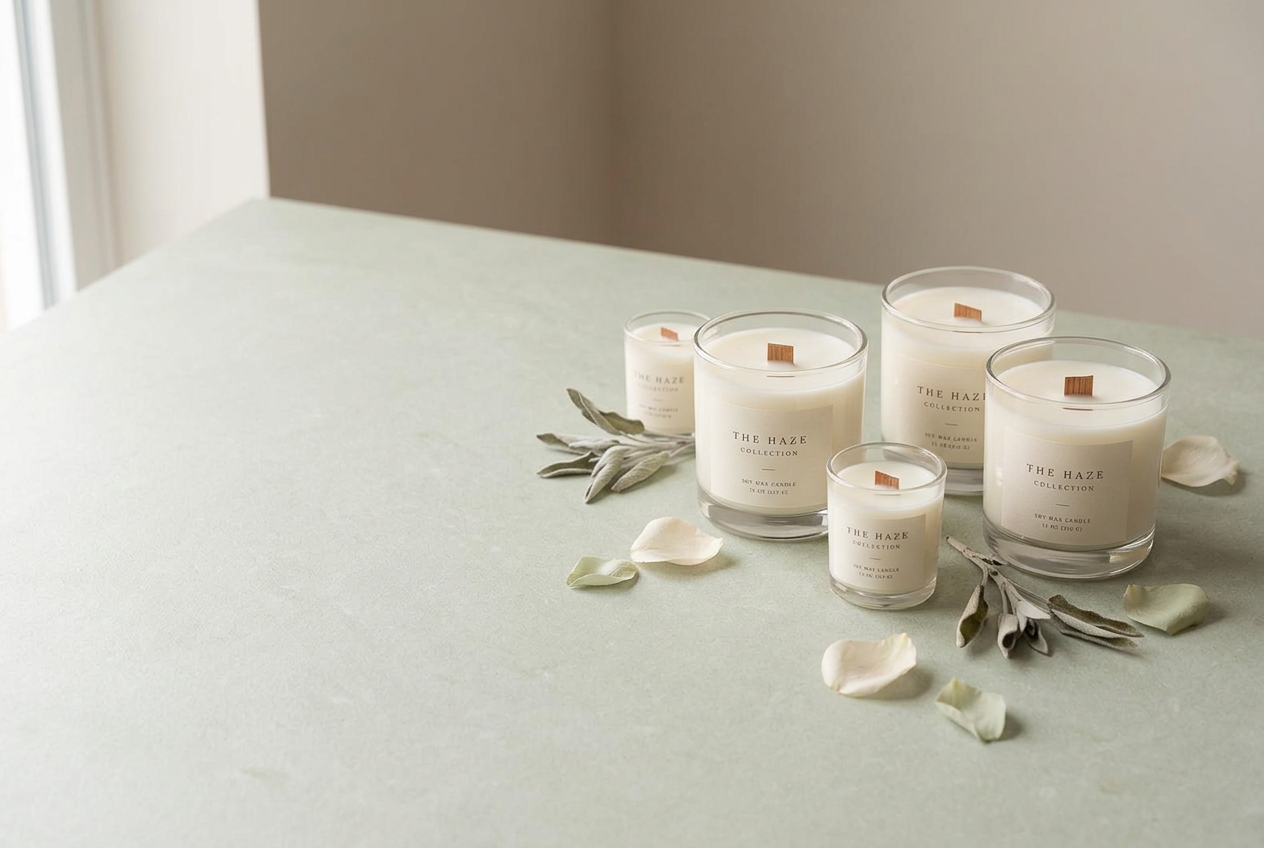 Several Haze Collection candles in 11 oz and 4 oz sizes on pale sage stone with sage leaves and petals