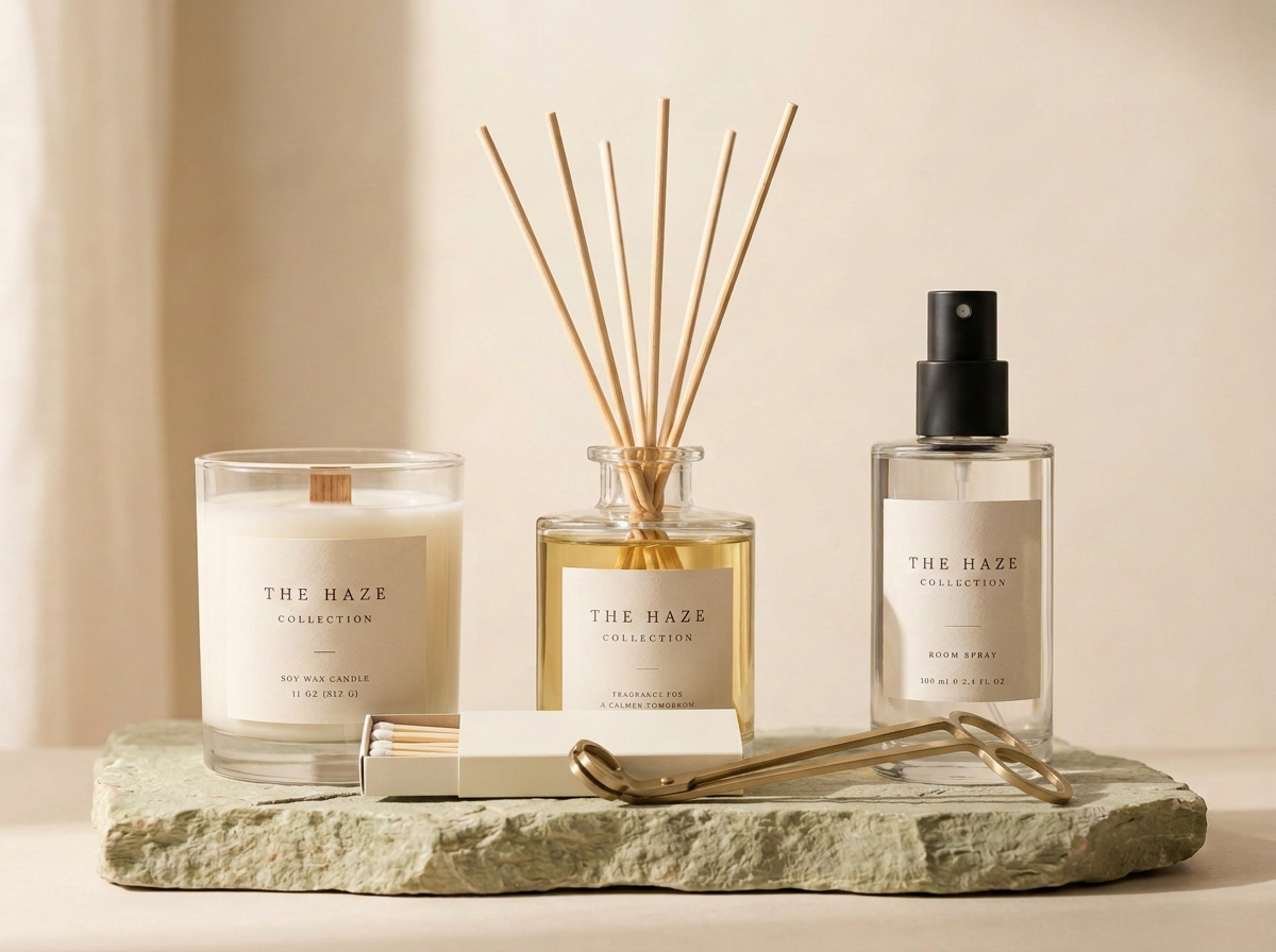 The Complete Home Gift: 11 oz candle, 7 oz reed diffuser, 100 ml room spray, Matches, Wick trimmer
